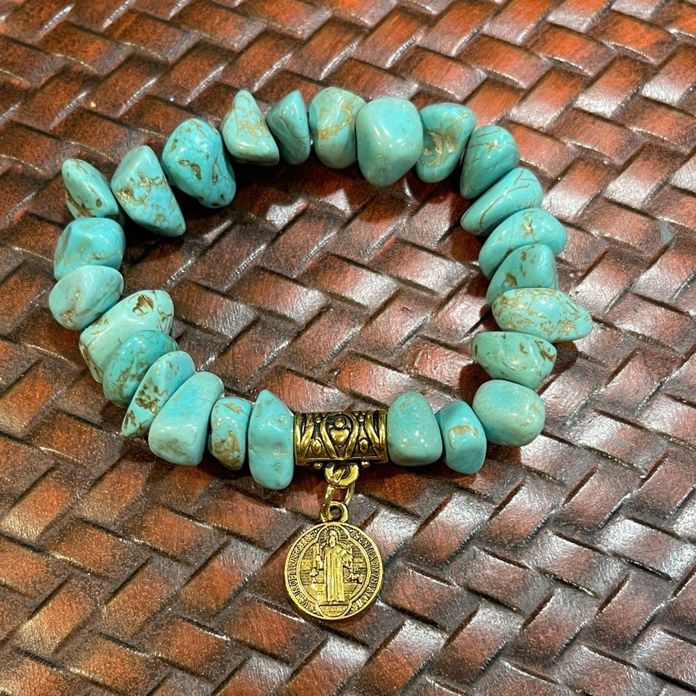 Turquoise Beaded Bracelet with Gold St. Benedict Charm